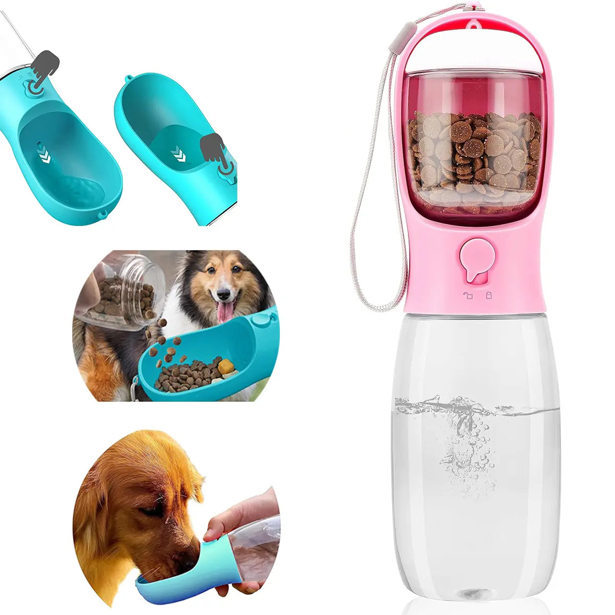 Portable Pet Water Bottle with Food Container - Outdoor Water Dispenser for Dogs and Cats (19 oz)