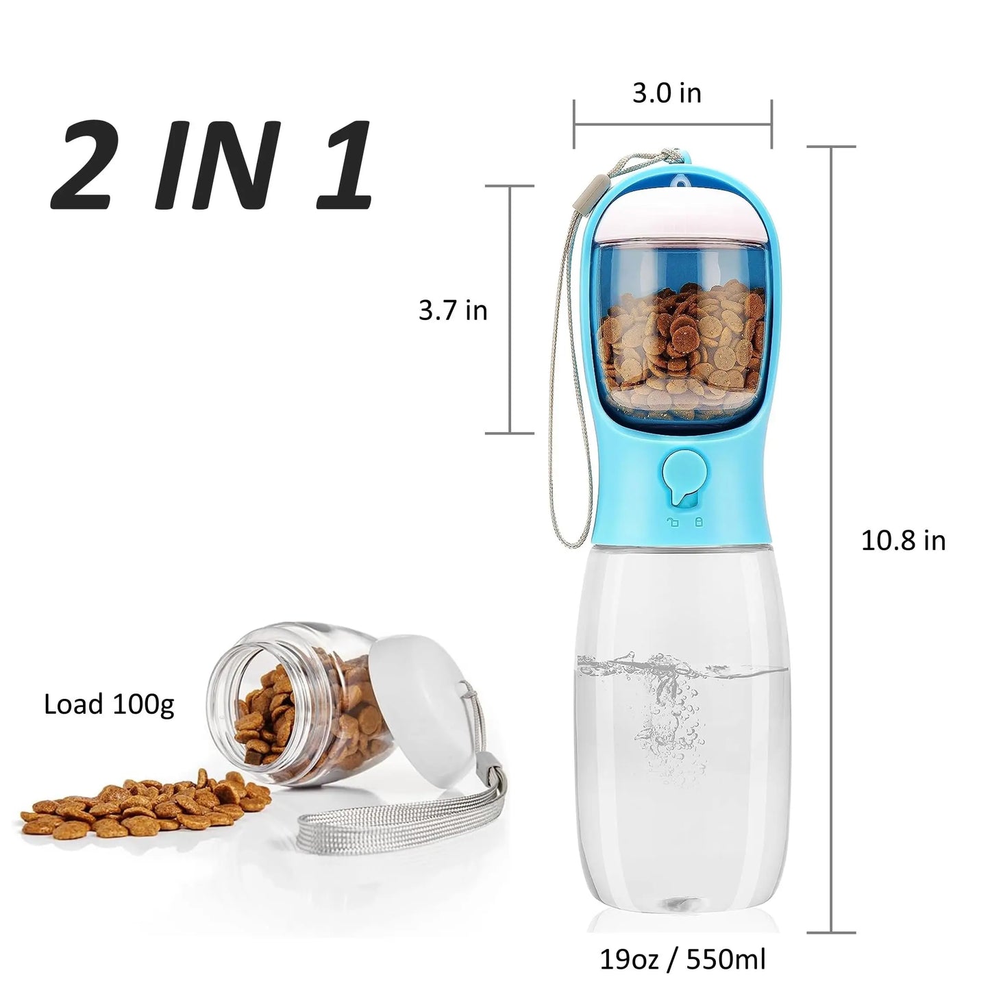 Portable Pet Water Bottle with Food Container - Outdoor Water Dispenser for Dogs and Cats (19 oz)