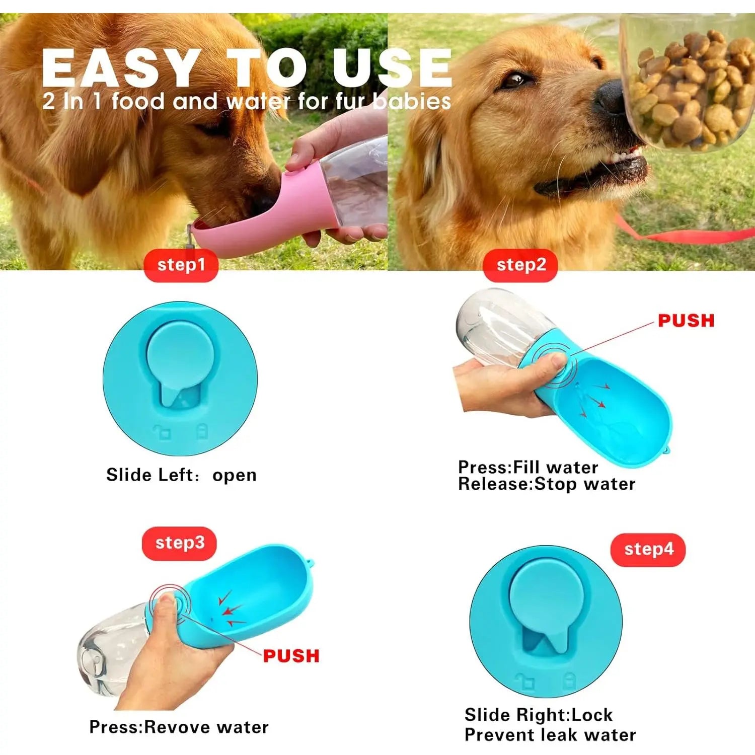 Portable Pet Water Bottle with Food Container - Outdoor Water Dispenser for Dogs and Cats (19 oz)