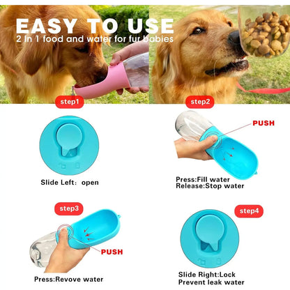 Portable Pet Water Bottle with Food Container - Outdoor Water Dispenser for Dogs and Cats (19 oz)
